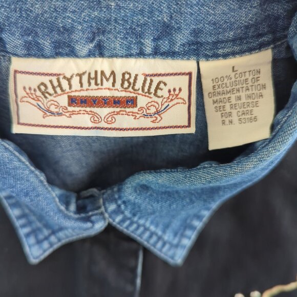 Rhythm Blue Vintage Shirt Western Denim Velvet Embroidered Floral Women L - Picture 6 of 14